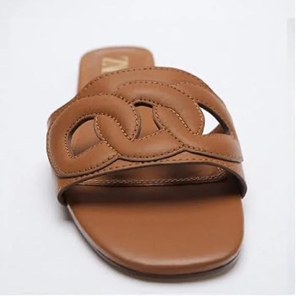 ZARA Raised Detail Brown Leather Slides. Size EU 37/US 6.5 - Picture 2 of 12